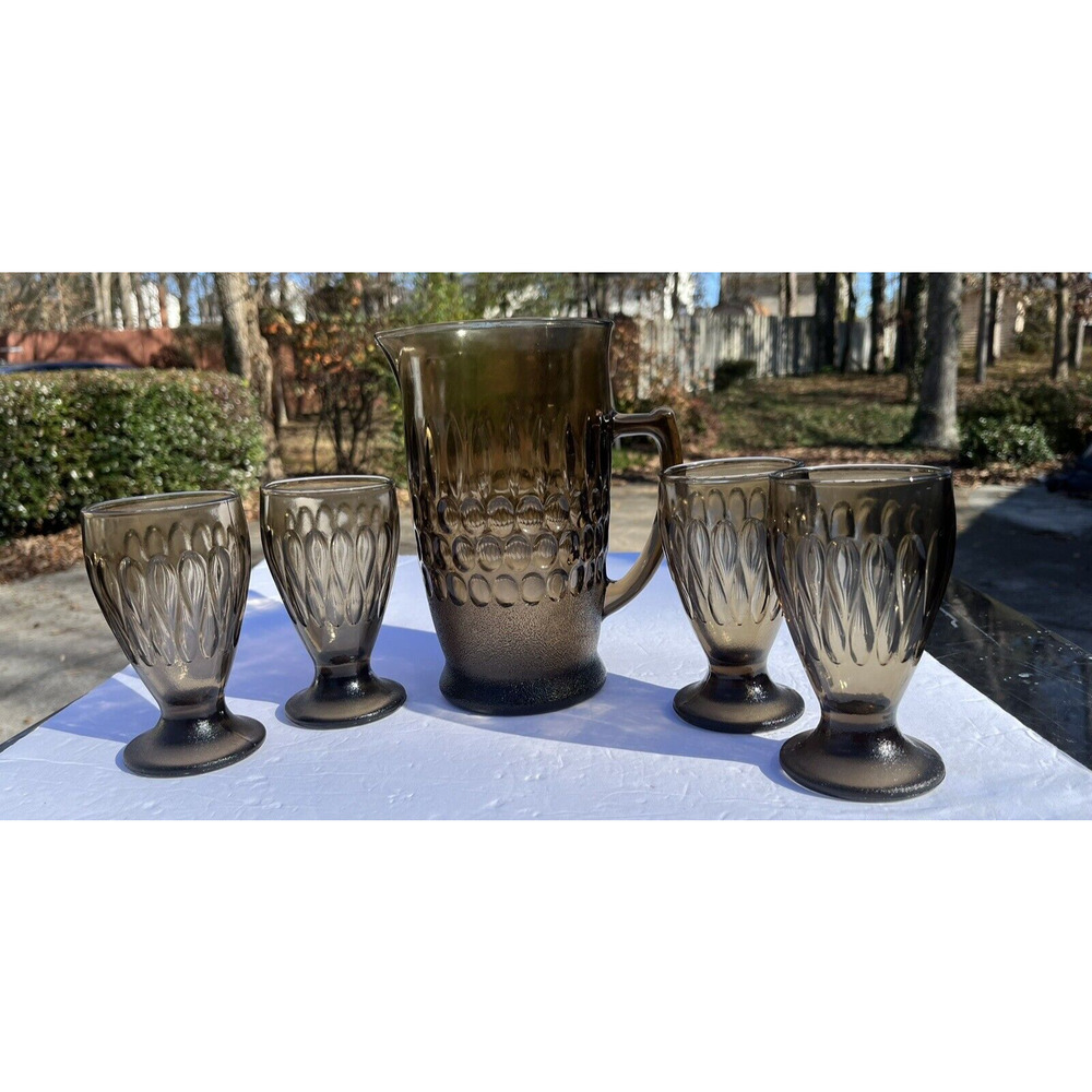 Vintage Anchor Hockings? Refreshment 5 Piece Set Smoky Dark Brown Rare - Picture 11 of 11